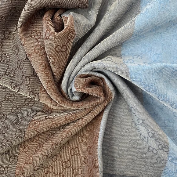 Gucci GG Lenolis Colorblock Scarf in Blue & Brown - Picture 8 of 12